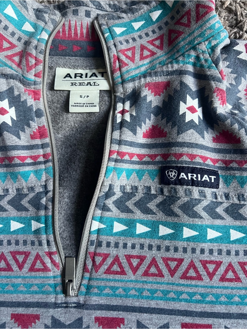 Ariat Gray Aztec Zip Pullover with Teal and Pink Accents - Picture 2 of 3